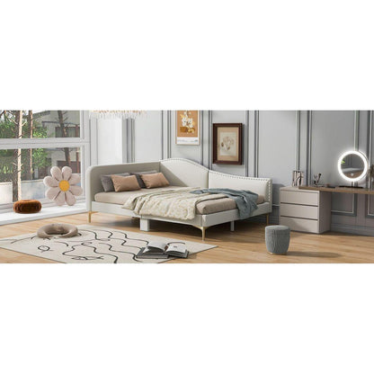 Full Size Upholstered Daybed with Headboard and Armrest, Support Legs, Beige