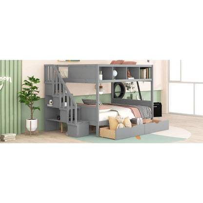 Twin over Full Bunk Bed with Shelfs, Storage Staircase and 2 Drawers, Gray