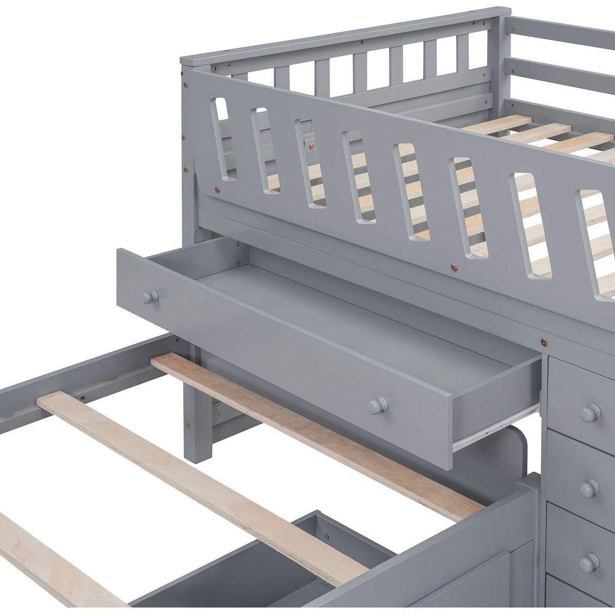 L-shaped Space-Saving Twin Loft and Twin Platform Bed with 7 Drawers and Full Guardrails(GRAY)
