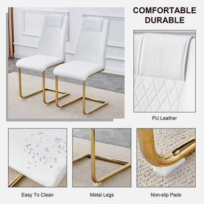Modern dining chairs, dining room chairs, and golden leg cushioned chairs made of artificial leather, suitable for kitchens, living rooms, bedrooms, and offices. Set of 4 pieces (white+PU)