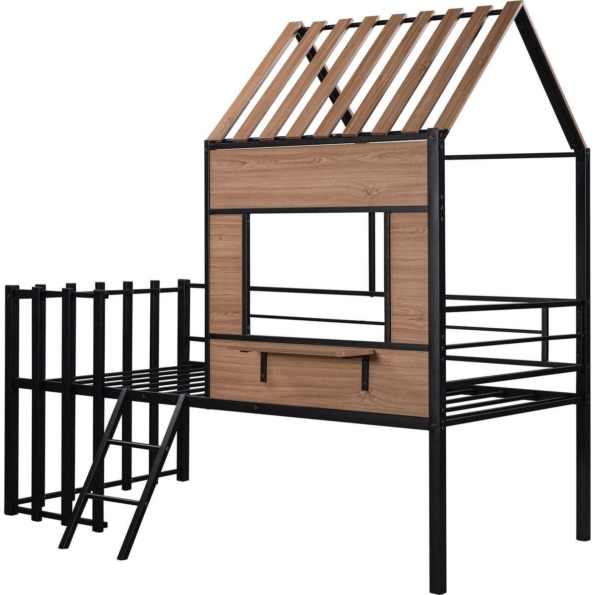 Metal Twin size Loft Bed with Roof, Window, Guardrail, Ladder Black