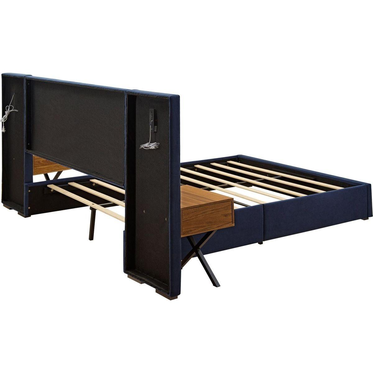 Queen Size Velvet Bed Frame/Vertical Channel Tufted Wingback Headboard/Upholstered Platform Bed/Strong Wooden Slats/No Box Spring Needed/Easy AssemblyRoyal blue