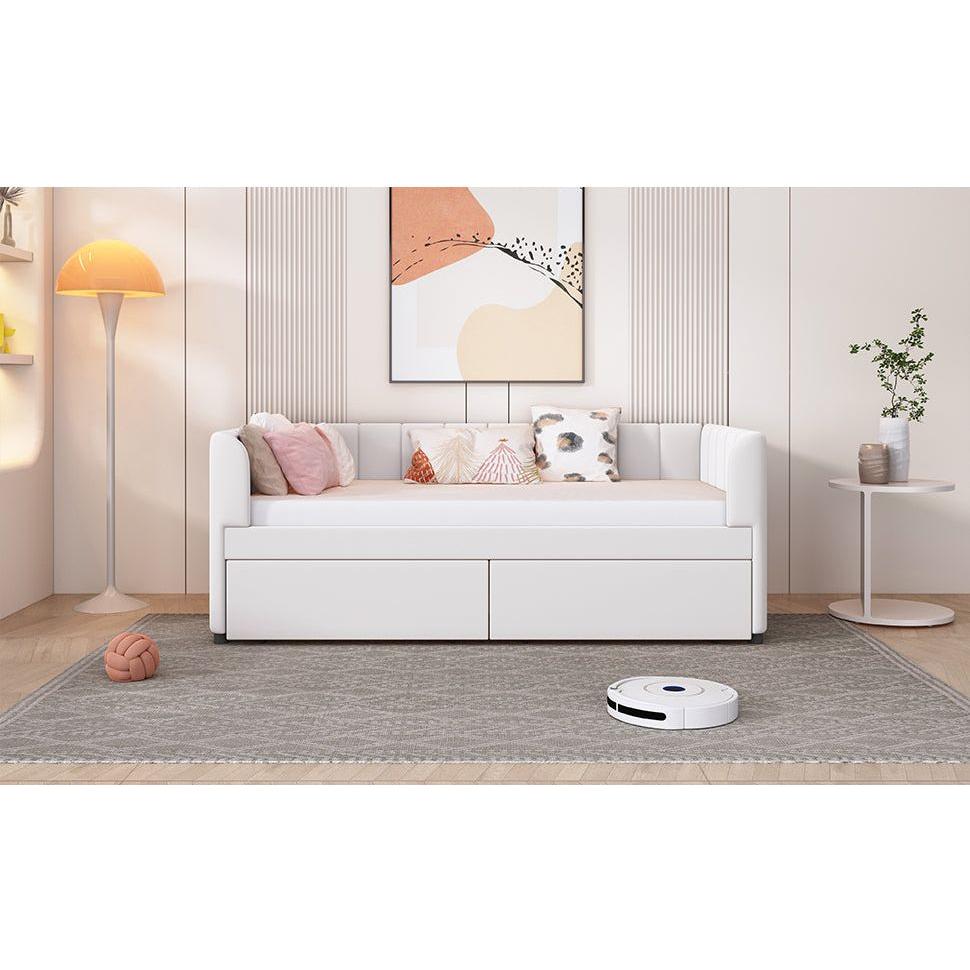 Twin Size Upholstered Daybed with Ergonomic Design Backrest and 2 Drawers, Beige