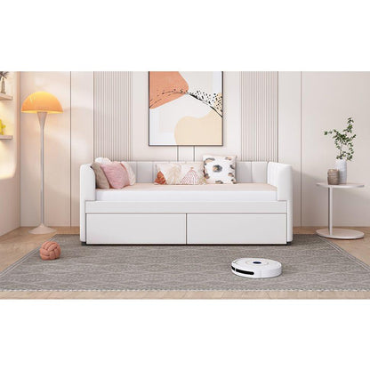 Twin Size Upholstered Daybed with Ergonomic Design Backrest and 2 Drawers, Beige