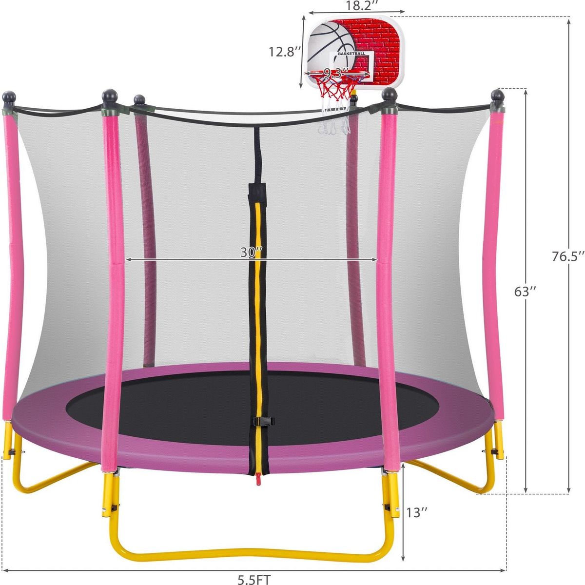 5.5FT Trampoline for Kids - 65" Outdoor & Indoor Mini Toddler Trampoline with Enclosure, Basketball Hoop and Ball Included