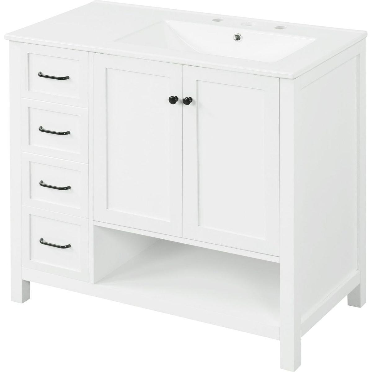 36" Bathroom Vanity with Sink Top, Bathroom Vanity Cabinet with Two Doors and Two Drawers, Solid Wood, Open shelf, MDF Boards, One Package, White