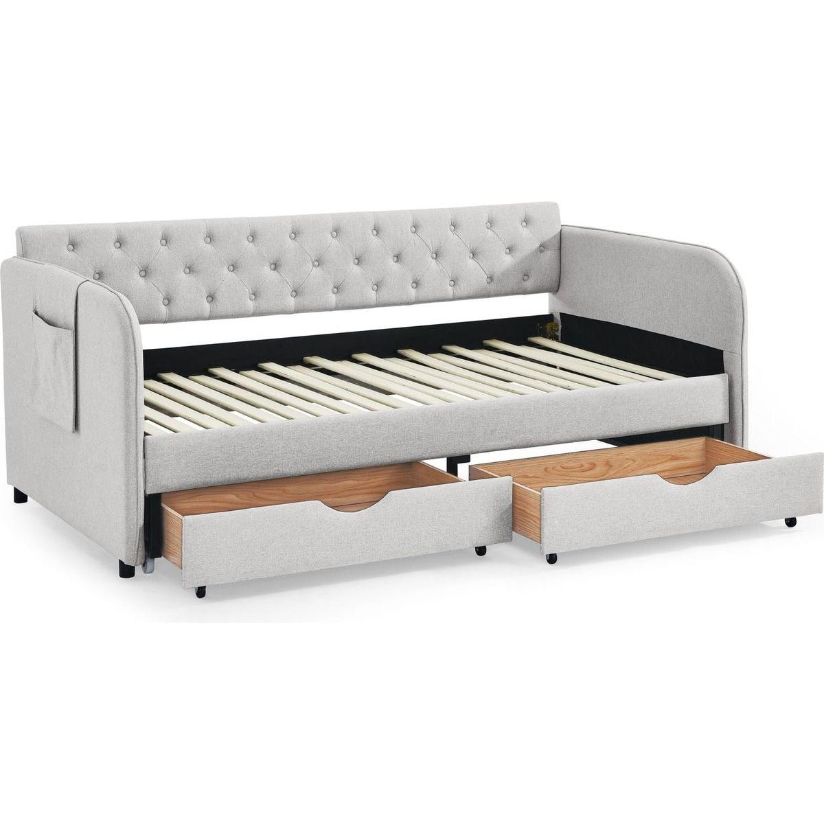 Twin Size Upholstery Daybed with Trundle Bed and Two Storage Drawers, Flat Arms with Pocket, Extendable Daybed for Bedroom Living Room,Linen Beige