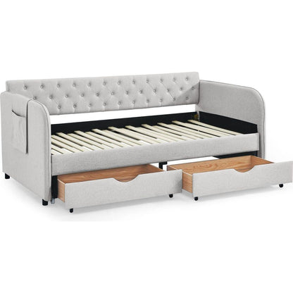 Twin Size Upholstery Daybed with Trundle Bed and Two Storage Drawers, Flat Arms with Pocket, Extendable Daybed for Bedroom Living Room,Linen Beige