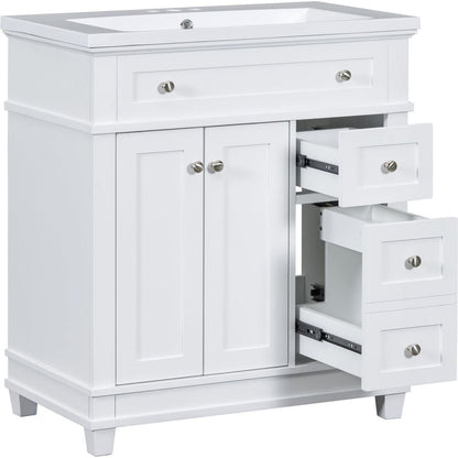 30" Bathroom Vanity Cabinet with Sink Combo Set, Undermount Resin Sink, Free Standing Vanity Set with 2 Drawers& Soft Closing Doors, Solid Wood Frame Bathroom Cabinet, White