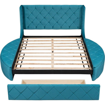 Upholstered Platform Bed Queen Size Storage Velvet Bed with Wingback Headboard and 1 Big Drawer,2 Side Storage Stool(Blue)