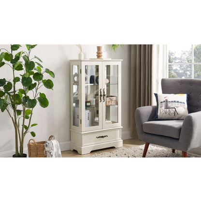 Glass Cabinet Lighted Glass Cabinet Curio Display Cabinet with Adjustable Glass Shelves 2 Doors and 1 drawer Cabinet Bulb Included White