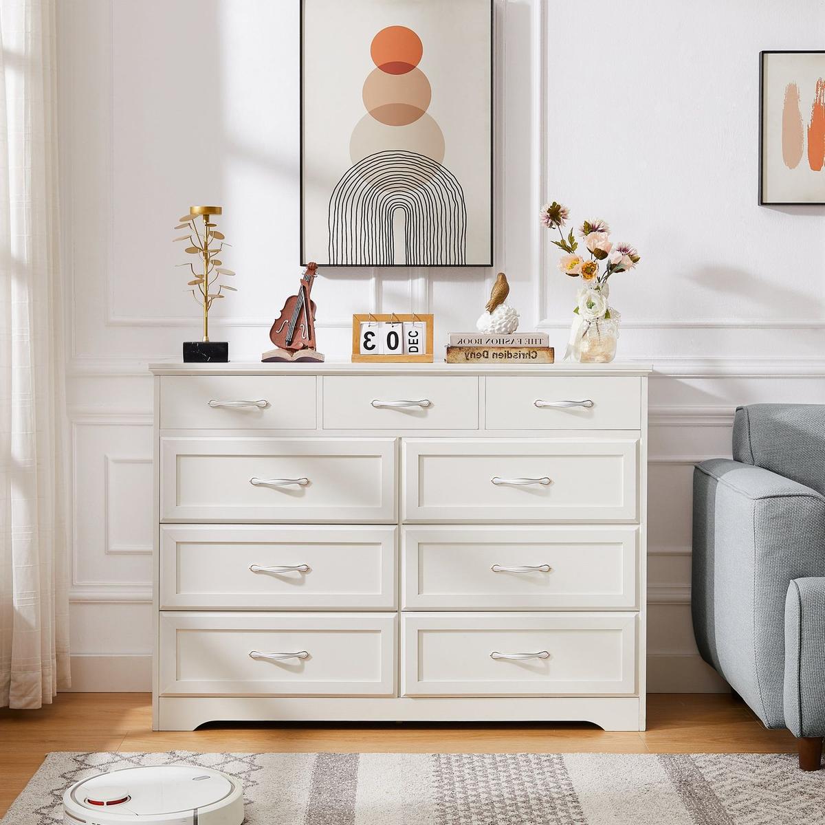 Bedroom dresser, 9 drawer long dresser with antique handles, wood chest of drawers for kids room, living room, entry and hallway, White, 47.56"W x 15.75"D x 34.45"H.