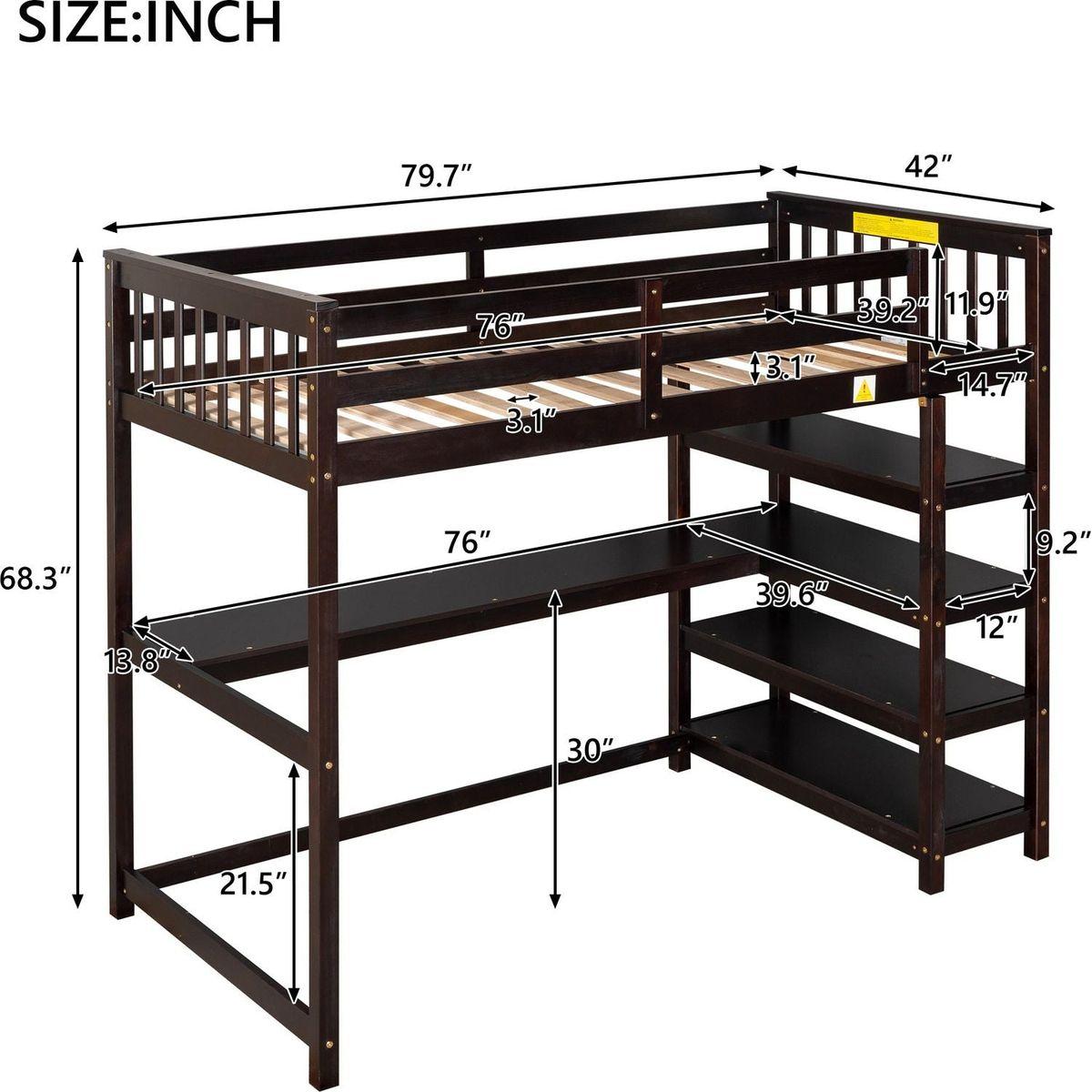 Twin Size Loft Bed with Storage Shelves and Under-bed Desk, Espresso