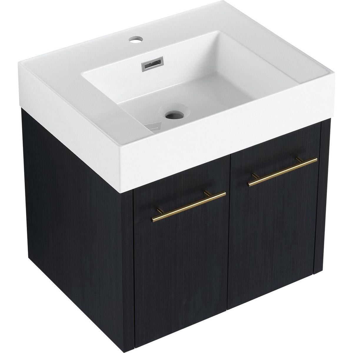 24 Inch Wall-Mounted Bathroom Vanity with Sink, Thick Edged Resin Basin, KD-Package