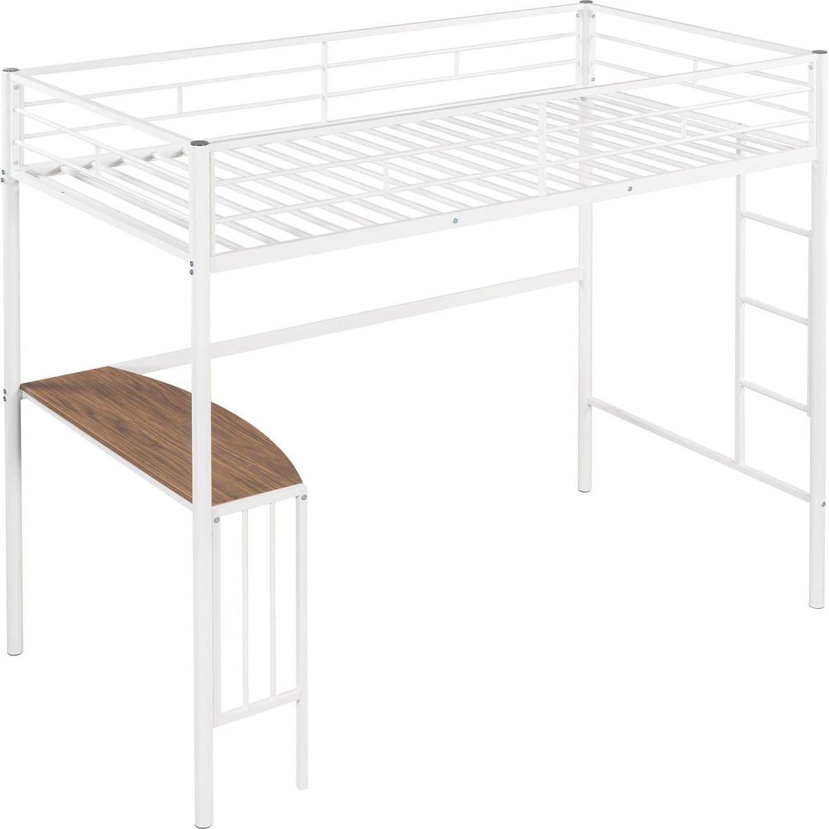 Twin Metal Bunk Bed with Desk, Ladder and Guardrails, Loft Bed for Bedroom, White