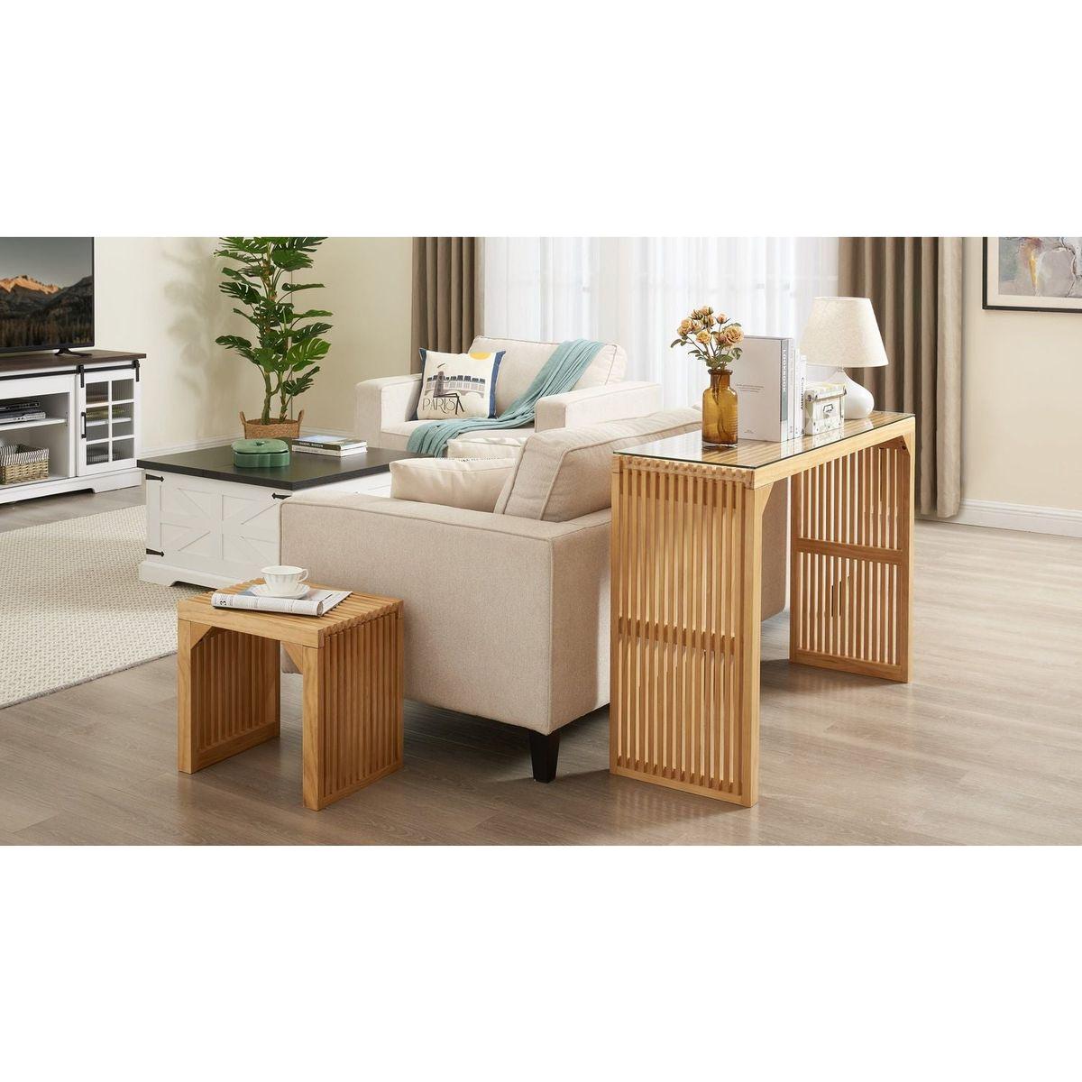 Pine Dining Bench and Table, Indoor Wood Bench for Entryway,Living Room,Kitchen and Bedroom Table and Bench Set (Nature, Bench & Table) Small Tempered glass included