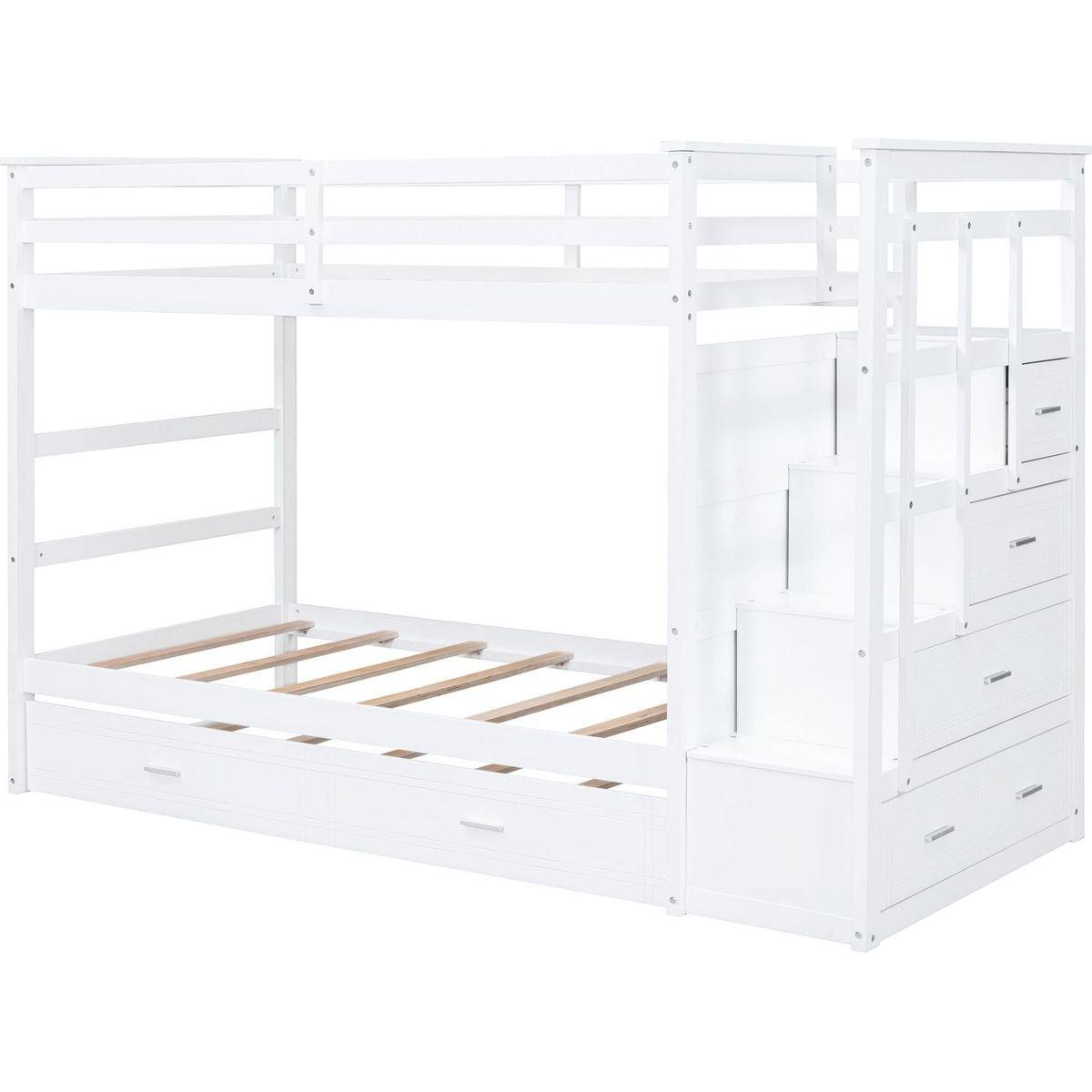 Twin Over Twin Bunk Bed with Trundle and Staircase,White