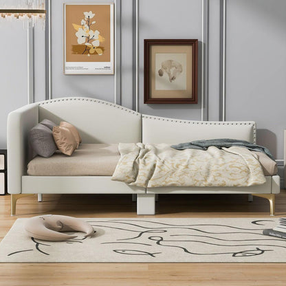 Full Size Upholstered Daybed with Headboard and Armrest, Support Legs, Beige
