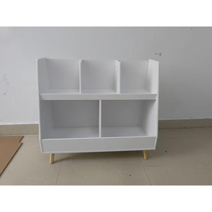 Kids Bookshelf and Toy Organizer, 5 Cubbies Wooden Open Bookcase, 2-Tier Baby Storage Display Organizer with Legs, Free Standing for Playing Room, Bedroom, Nursery, Classroom, White