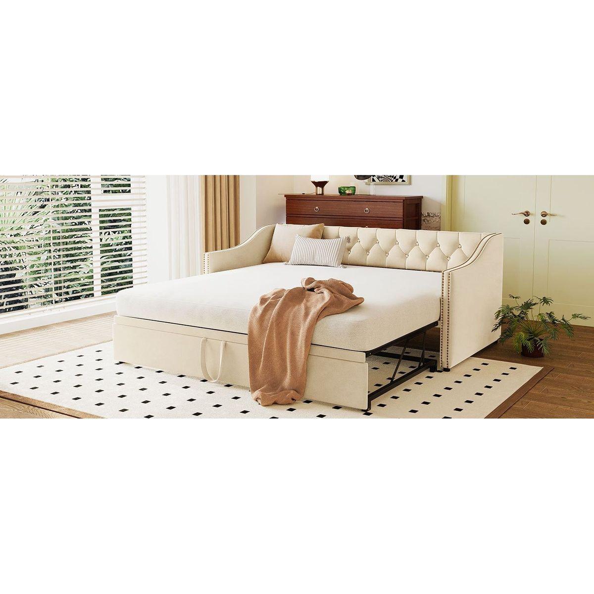 Twin Size Upholstered daybed with Pop Up Trundle, Beige