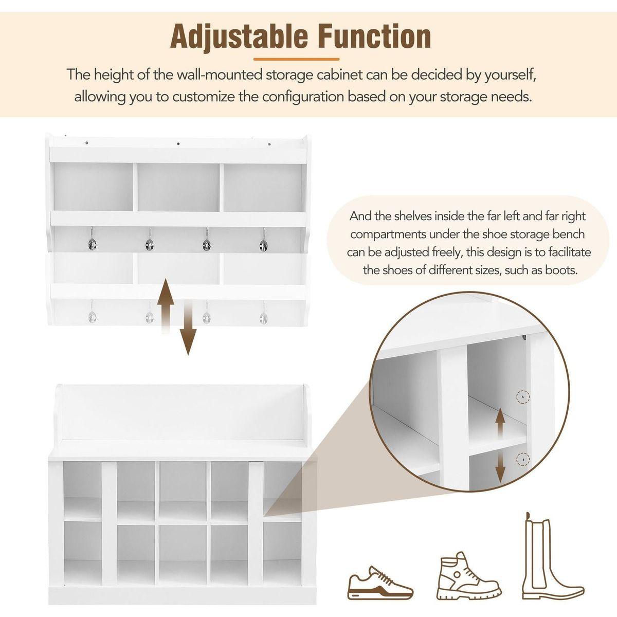 Shoe Storage Bench with Shelves and 4 Hooks, Elegant Hall Tree with Wall Mounted Coat Rack, Entryway Organizer For Hallway, Foyer, Mudroom, White