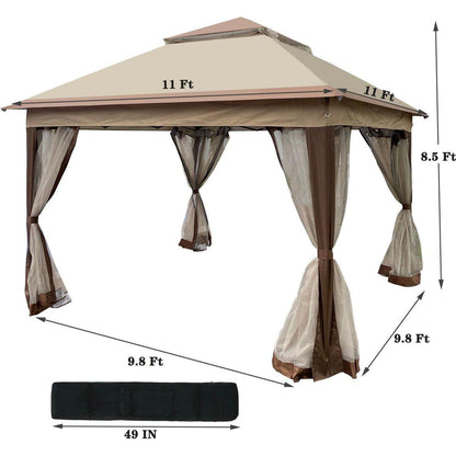 Outdoor 11x 11Ft Pop Up Gazebo Canopy With Removable Zipper Netting,2-Tier Soft Top Event Tent,Suitable For Patio Backyard Garden Camping Area,Coffee