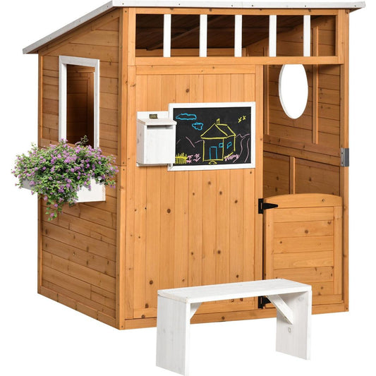 Wooden Playhouse for Kids Outdoor with Working Door, Windows, Mailbox, Bench, Flowers Pot Holder, 48" x 42.5" x 53" - Streamdale Furniture