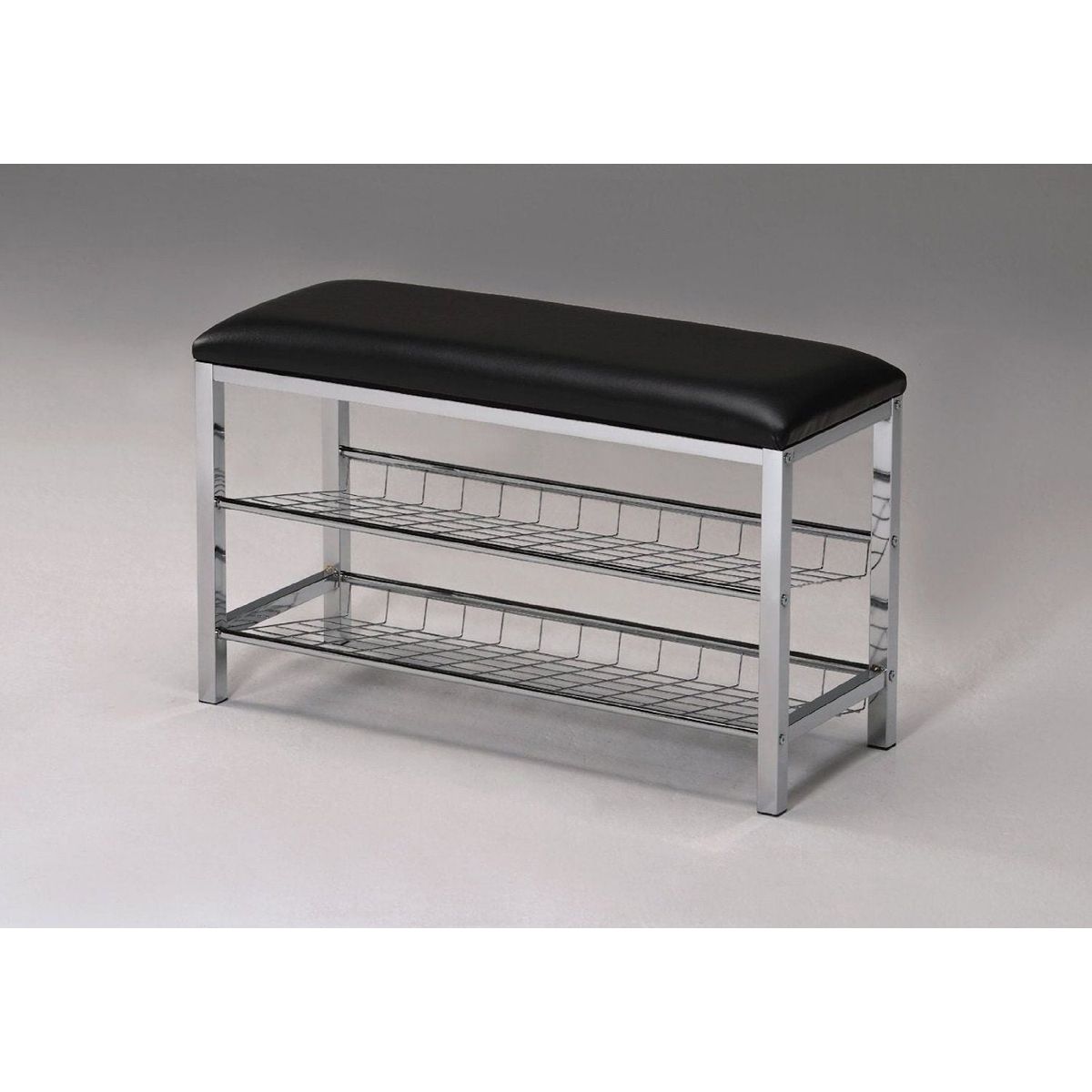 Metal Shoe Bench with Black Faux Leather Seat, Silver