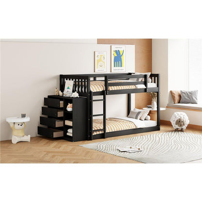 Twin over Twin Bunk Bed with 4 Drawers and 3 Shelves-Espresso