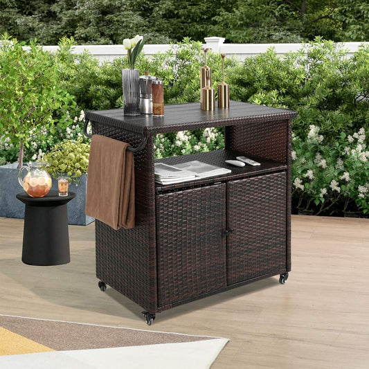Outdoor Wicker Bar Cart, Patio Wine Serving Cart w/Wheels , Rolling Rattan Beverage Bar Counter Table w/Glass Top for Porch Backyard Garden Poolside Party, Light brown