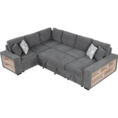 109" U-shaped Sectional Sofa Pull-out Sofa Bed with Two USB Ports, a Storage Chaise Lounge and Four Back Pillows for Living Room, Grey