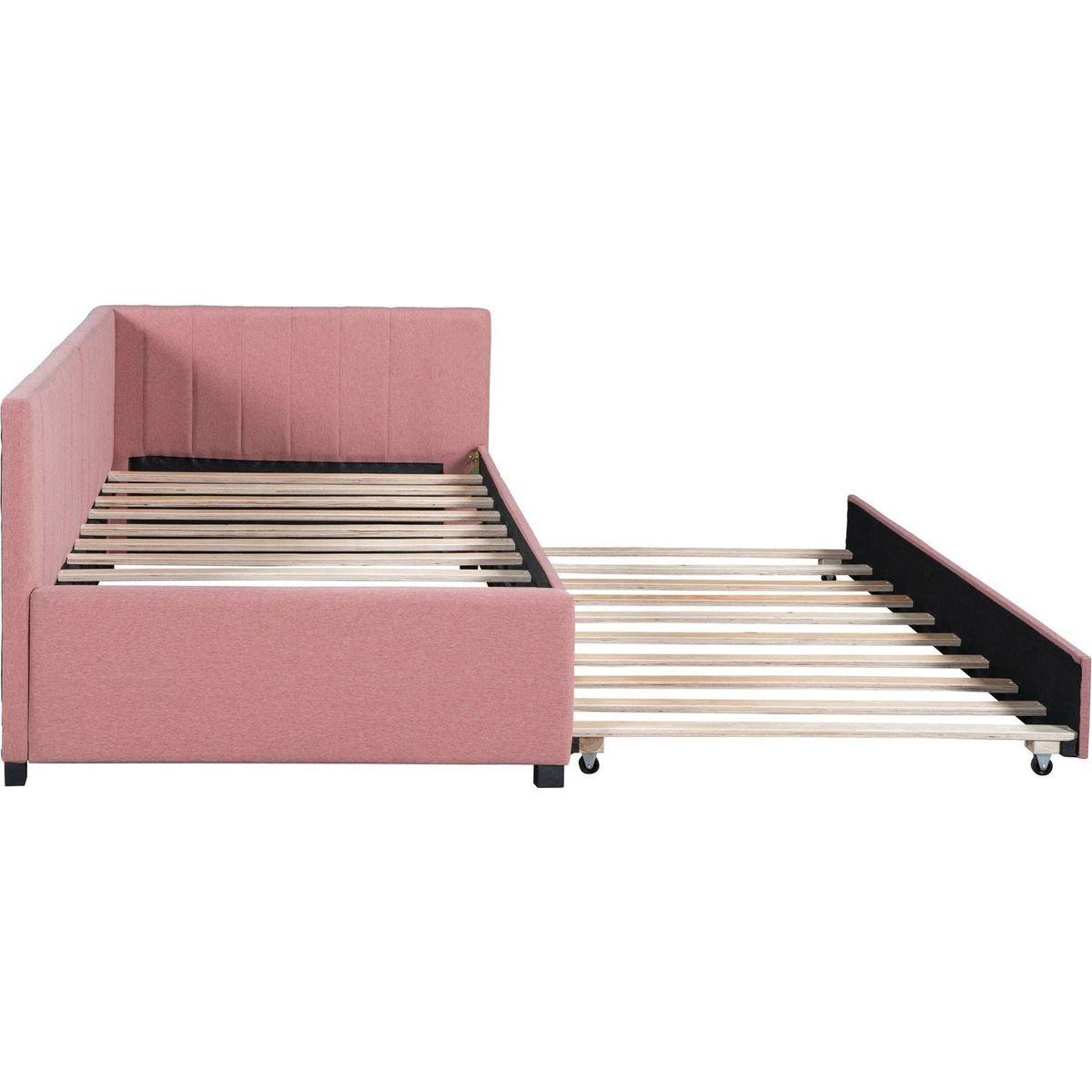 Upholstered Daybed with Trundle Twin Size Sofa Bed Frame No Box Spring Needed, Linen Fabric(Pink)