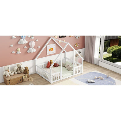 Full Wood House-Shaped Floor Bed with Fence, Guardrails,White
