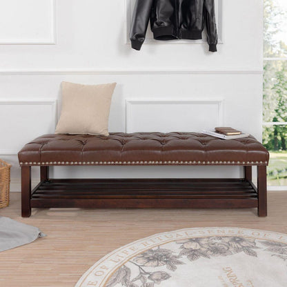 Bedroom End of Bed Bench Tufted Upholstered End of Bed Bench End of Bed Entrance Shoe Bench, 60" with Nailhead Trim and Shelf Bedroom Upholstered Leather Bench Living Room Shoe Rack Footstool (brown)