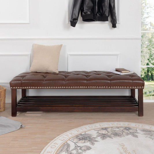 Bedroom End of Bed Bench Tufted Upholstered End of Bed Bench End of Bed Entrance Shoe Bench, 60" with Nailhead Trim and Shelf Bedroom Upholstered Leather Bench Living Room Shoe Rack Footstool (brown)
