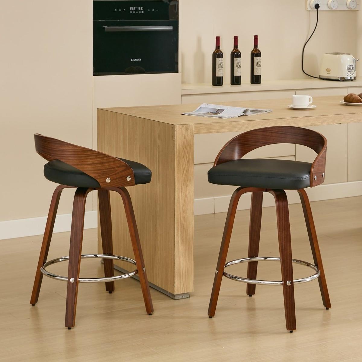 Bar Stools Set of 2, Swivel Bar Height Stools with Low Back, Wood Bar Chairs with Soft Cushion Seat, 25-Inch Seat Height (Black, 25" Counter Height) - Streamdale Furniture