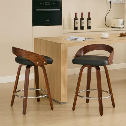 Bar Stools Set of 2, Swivel Bar Height Stools with Low Back, Wood Bar Chairs with Soft Cushion Seat, 25-Inch Seat Height (Black, 25" Counter Height) - Streamdale Furniture