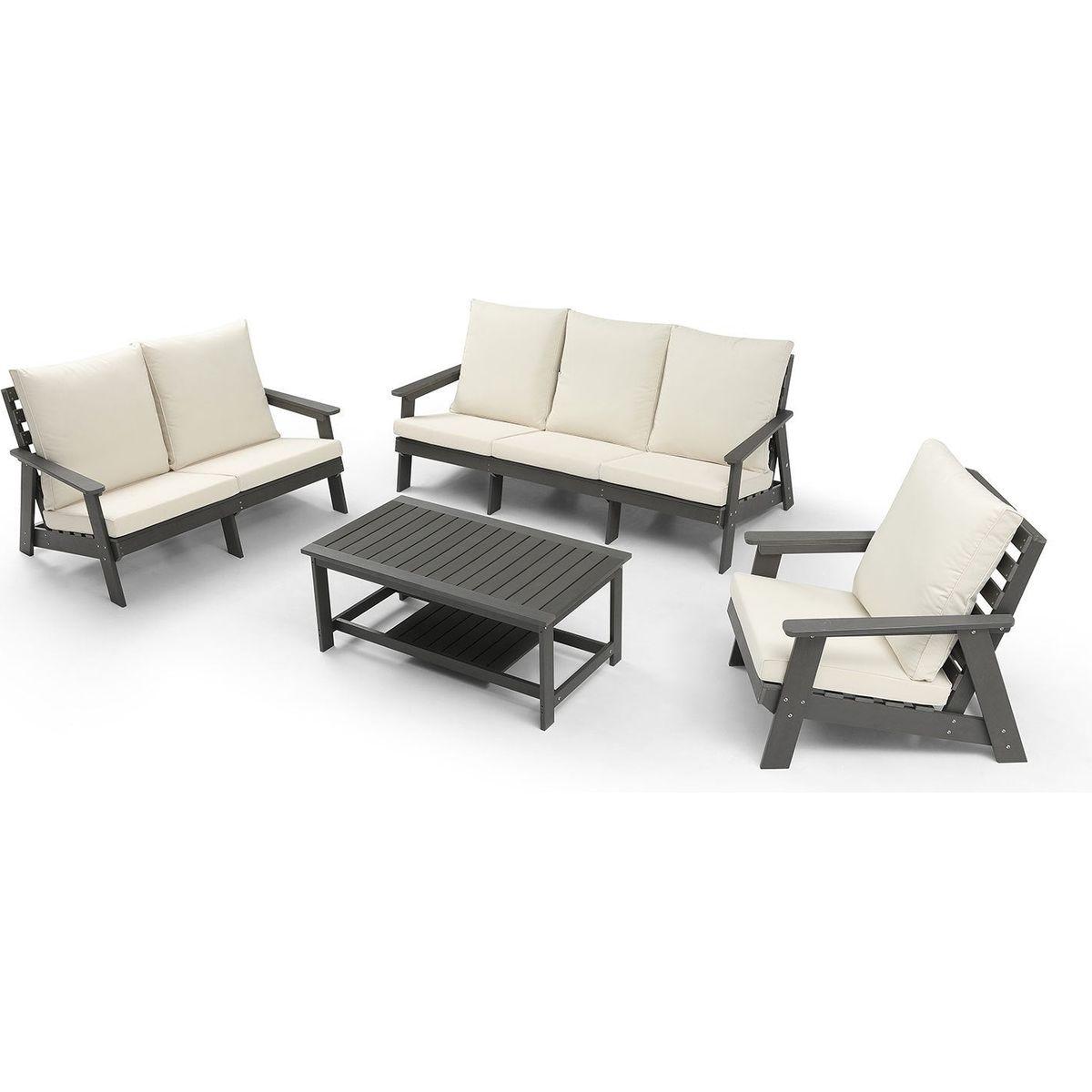 HIPS Loveseat with Cushion, Wood Grain Outdoor Garden Sofa, Sofa Set for Porch, Poolside, Terrace, and Yard Grey/Beige