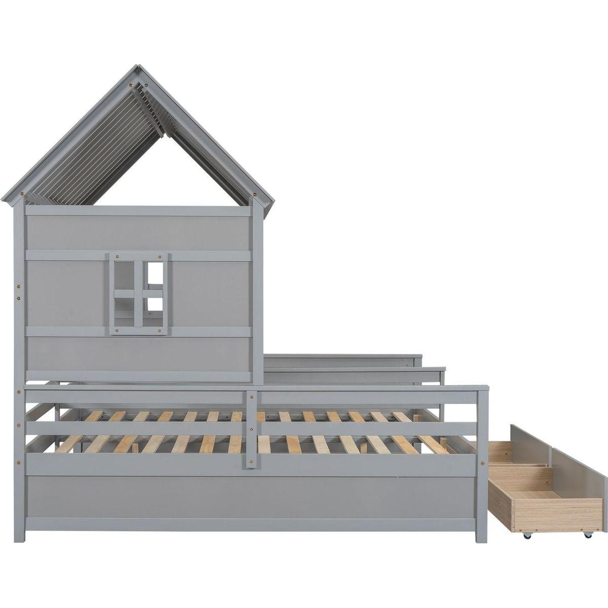 Twin Size House Platform Beds with Two Drawers for Boy and Girl Shared Beds, Combination of 2 Side by Side Twin Size Beds, Gray
