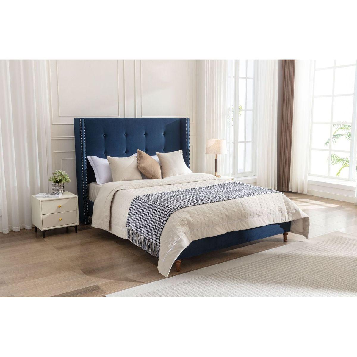 Upholstered King Bed / 54" High Headboard / Traditional Hand Buttoned Tufting / Nailhead Trim Wingback / No Box Spring Needed / Easy Assembly / Blue Velvet