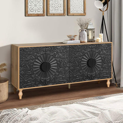 Black Carved Symmetrical Design Door And Wood Coloured Frame For TV Stand Table,Living Room, Entryway