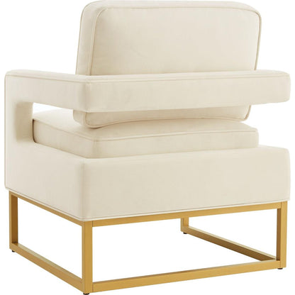 Modern Style Accent Chair with Gold Metal Base, Velvet Upholstered Leisure Chair with Open Armrest, Armchair, Cream