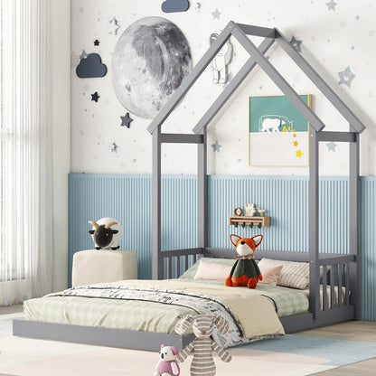 Full Roof-framed Headboard Floor Bed with Headboard Guardrails, without Slats, Grey