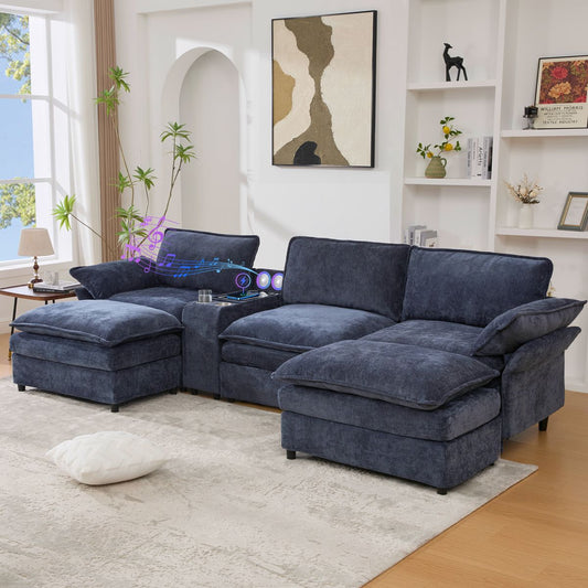 [NEW ARRIVED] [VIDEO PROVIDED]U Shaped Modular Sectional Sofa,Storage Console & Wireless Charging,2 Cup Holders,Bluetooth Speakers,2 Movable Footstools,Adjustable handrail,Movable seat,Chenille,Blue