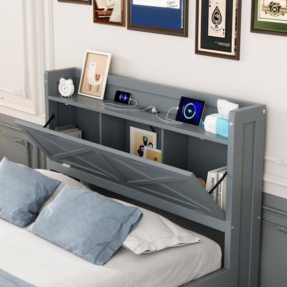 Full Size Wooden Bed with Storage Headboard with Outlets, Extendable Bed with Twin Size Trundle with Three Storage Drawers,Gray