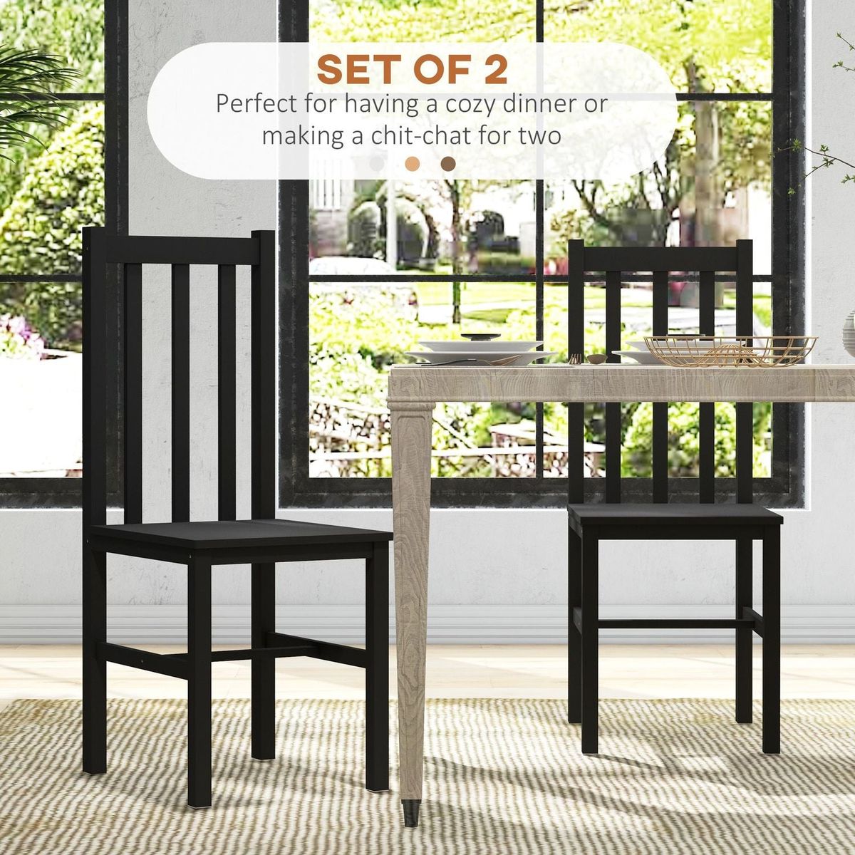 Farmhouse Armless Dining Chairs, Set of 2 with Slat Back, Black