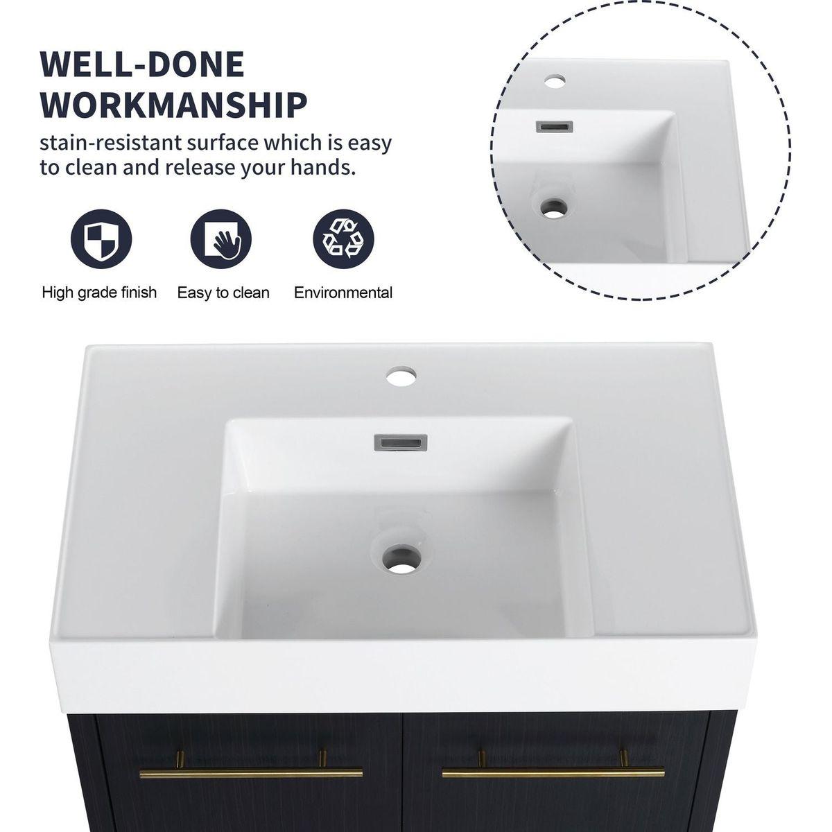 30 Inch Wall-Mounted Bathroom Vanity with Sink, Thick Edged Resin Basin, KD-Package