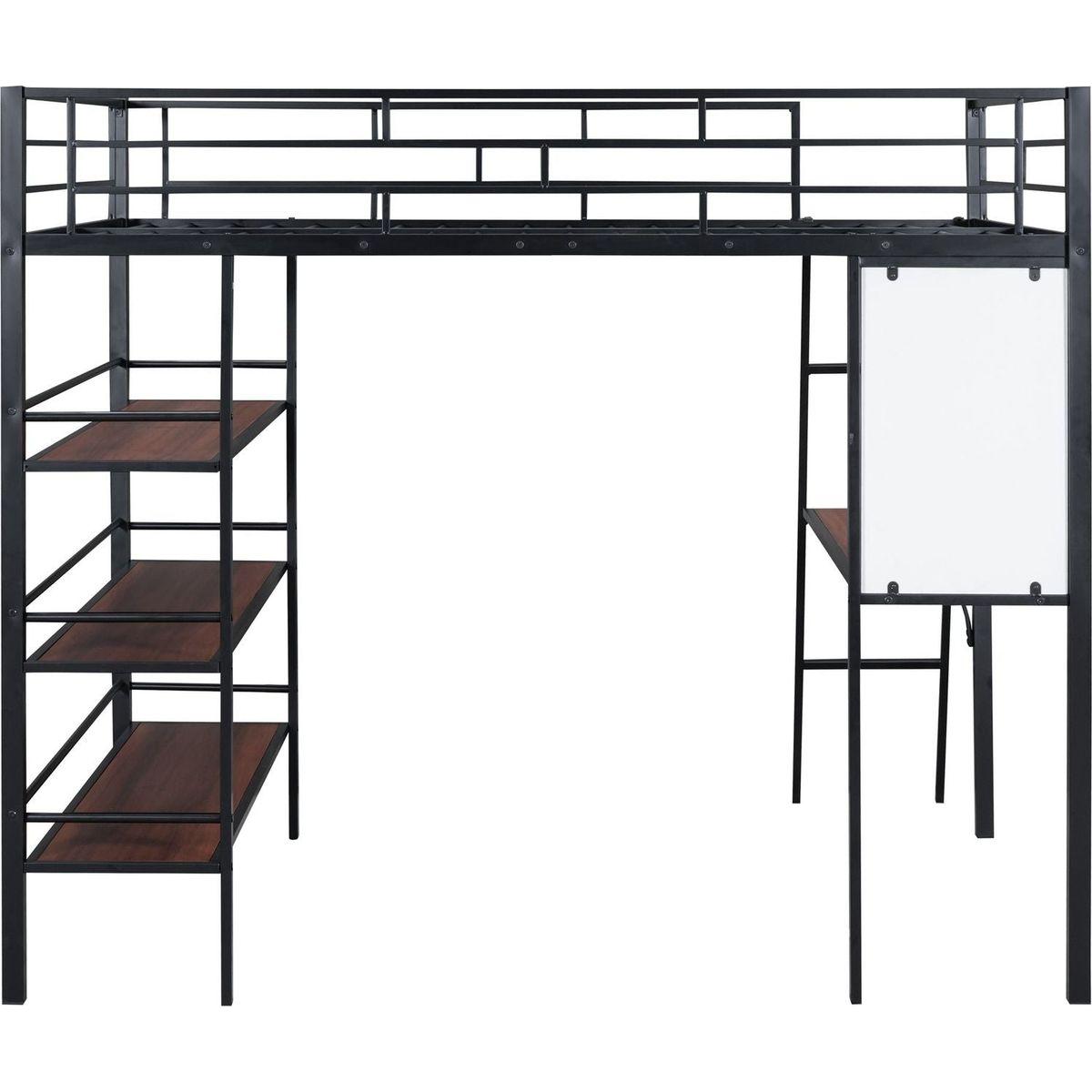 Full Size Loft Metal Bed with 3 Layers of Shelves and Desk, Stylish Metal Frame Bed with Whiteboard, Black