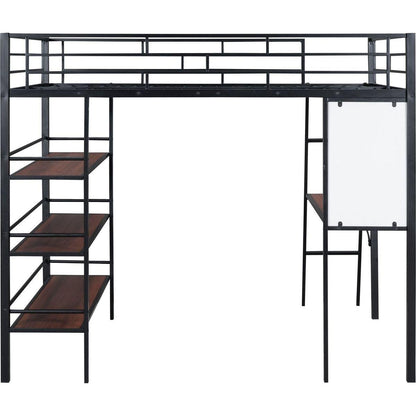 Full Size Loft Metal Bed with 3 Layers of Shelves and Desk, Stylish Metal Frame Bed with Whiteboard, Black