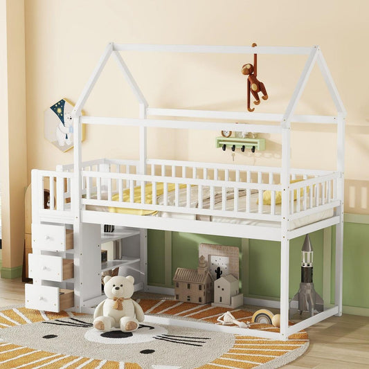 TWIN/TWIN HOUSE BUNK BED WITH SHELVES AND DRAWERS FOR WHITE COLOR